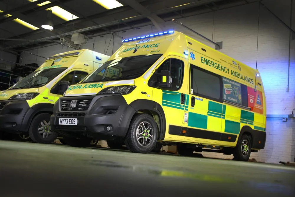 Image of a UK ambulance from the front and side