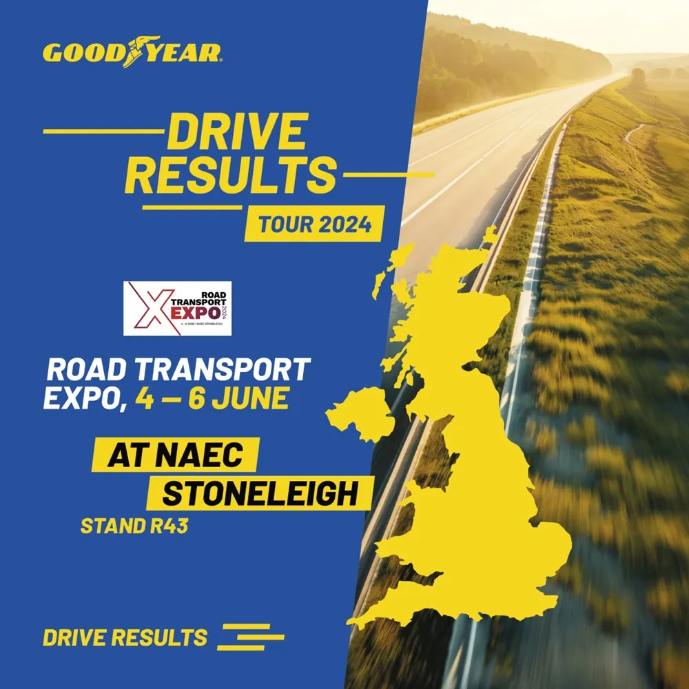 Goodyear road transport expo with a yellow image of the UK on a blue background