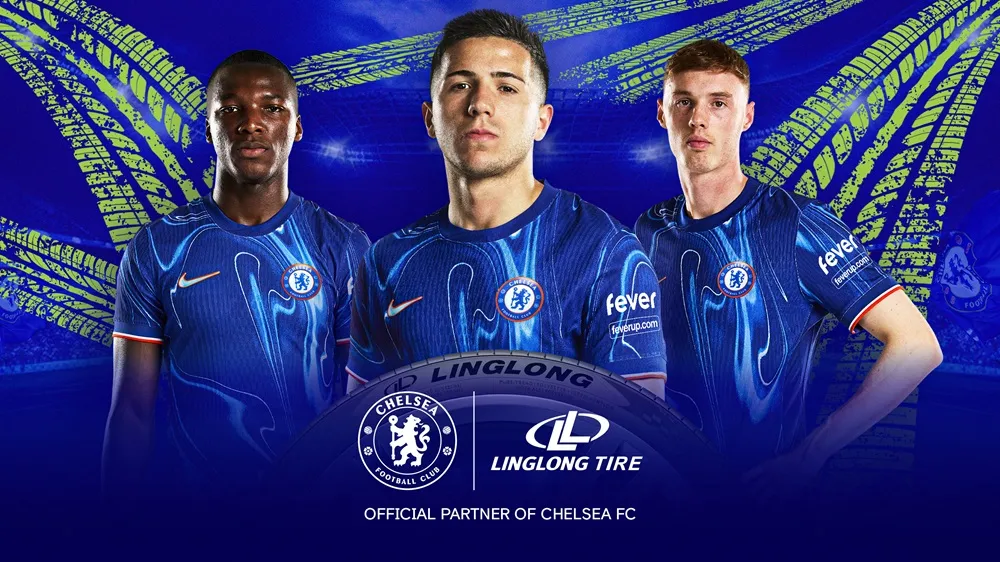 Photo of three Chelsea Football Club players with the Linglong Tire sponsorship