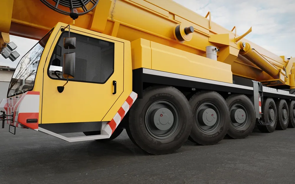 Image of a yellow crane with Michelin tyres.