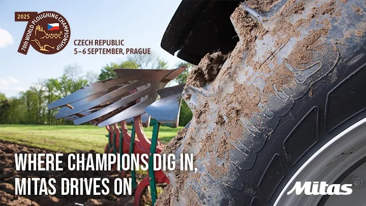 Image of a close up tractor tyre with mud on for the World Ploughing Championship 2025 poster