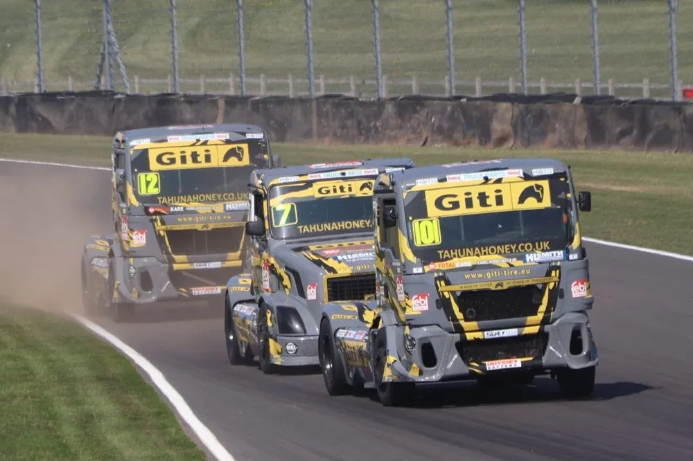 Three Giti Tire Sponsered Trucks in a row racing at Donington 2025 front view