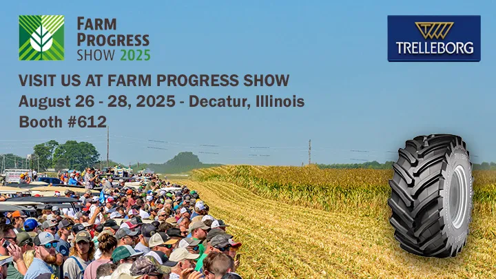 Trelleborg Tires Farm Progress Show 2025 poster with tyre on field