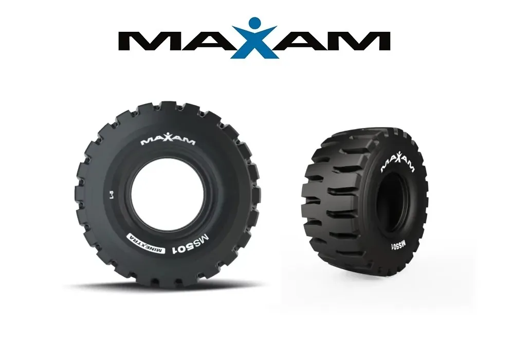 Maxam tire logo with MS501 tyres underneath - side view and side view at an angle