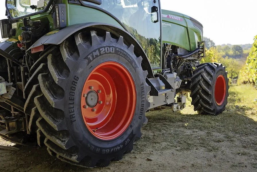 Trelleborg tires TM200 on green tractor with red wheels