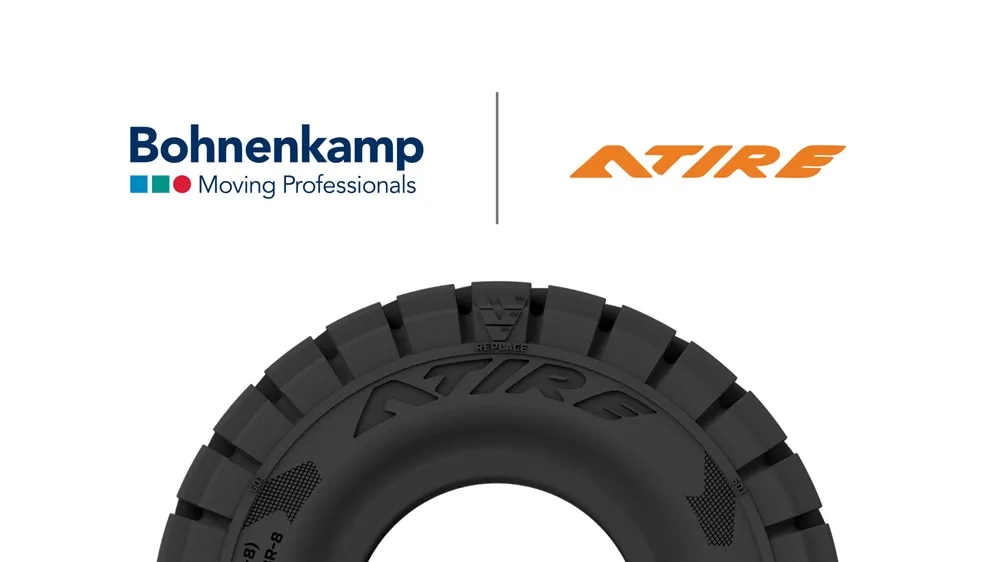 Image of the Bohnenkamp and ATIRE logos above the top half of an ATIRE tyre