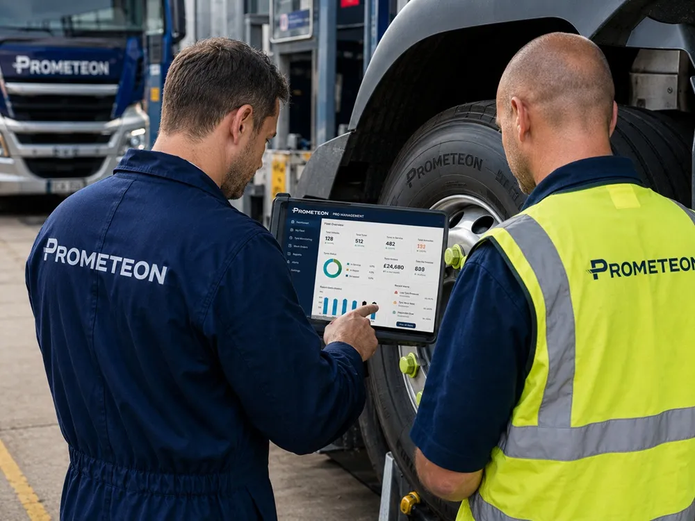 Illustrative image showing two technicians using Prometeon Pro Management to support tyre inspection, maintenance and job management workflows.