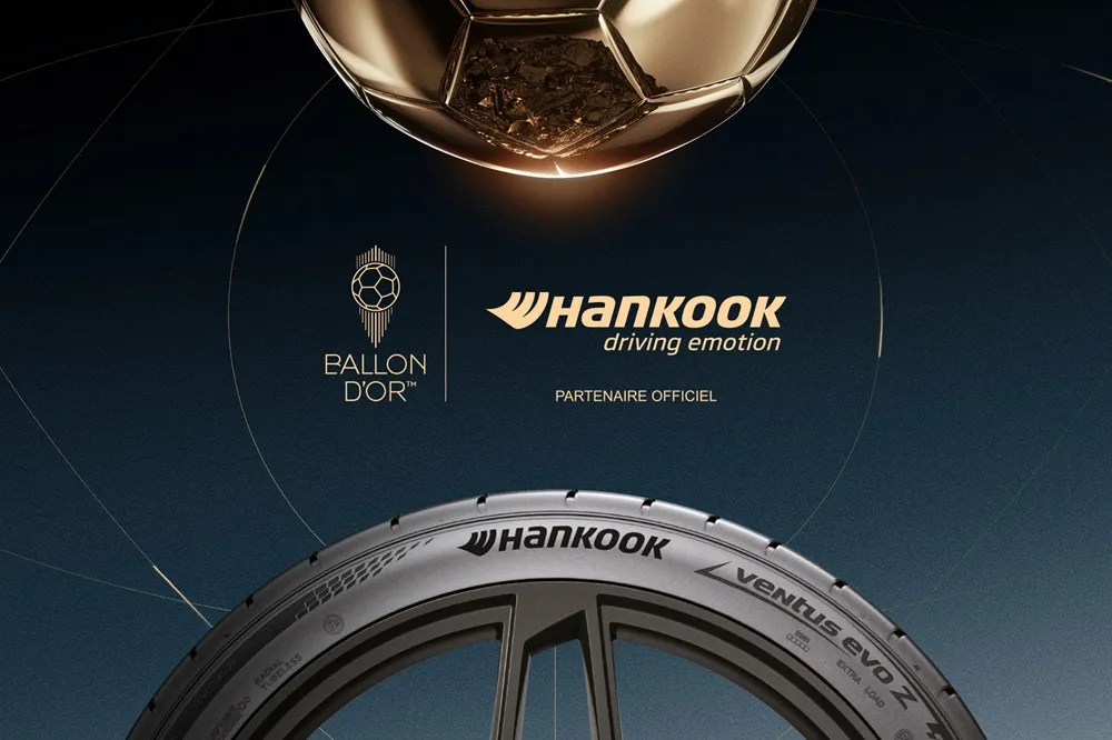 Image of half a golden ball at the top and half a tyre at the bottom with a dark blue background, designed for the Hankook Sponsored Ballon d’Or™ 2026 event