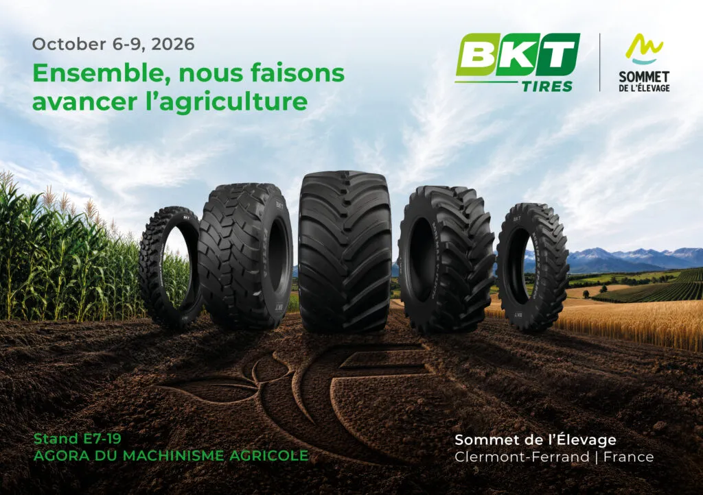 BKT Partners With Agora du Machinisme graphic with five tyres in a row on a dirt track