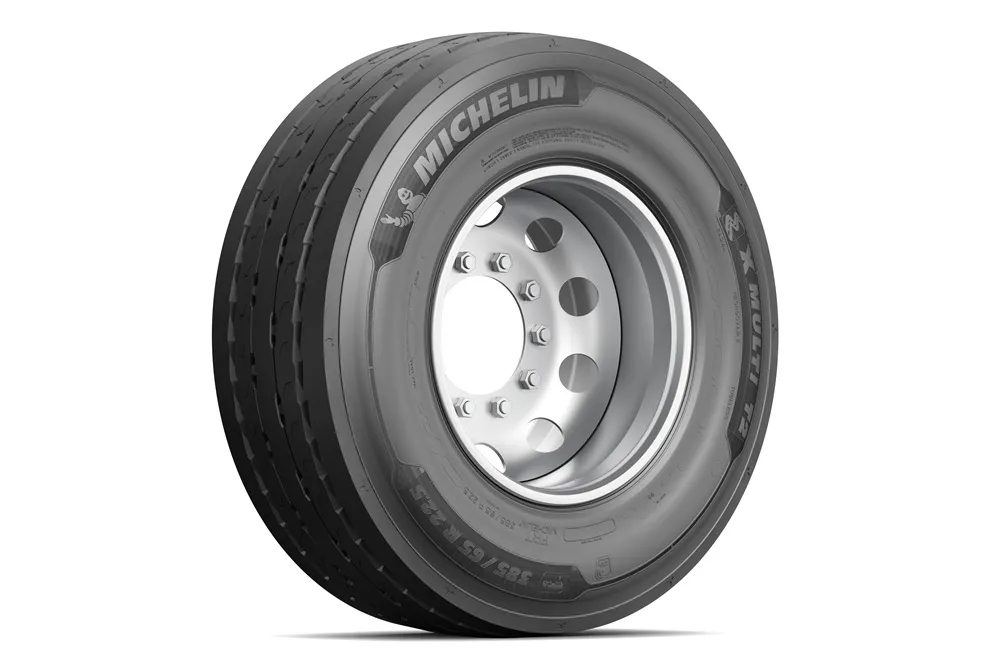 Image of Michelin X Multi T2 tyre and steel wheel side view at slight angle